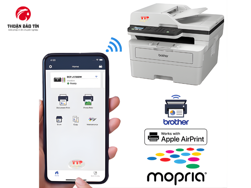 Máy in Brother DCP-B7640DW hỗ trợ kết nối WiFi, AirPrint và Mopria, mang đến trải nghiệm in ấn linh hoạt.