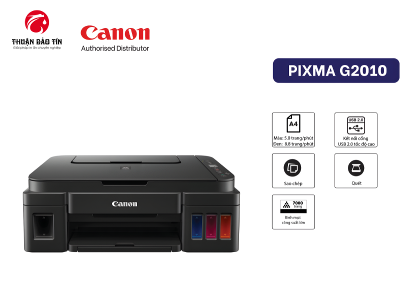 Canon PIXMA G2010 với thiết kế gọn gàng, phù hợp đặt trên bàn làm việc văn phòng và gia đình.