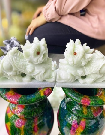 Cặp tỳ hưu đá trắng xanh ngang 15cm T014