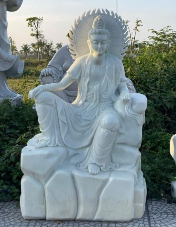 Tượng phật quan âm toạ sơn đá trắng Cao 1.5m - ngang - 90cm - dài 60cm T002