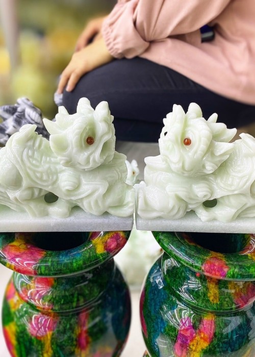 Cặp tỳ hưu đá trắng xanh ngang 15cm T014