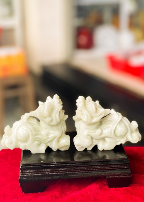 Cặp tỳ hưu đá trắng xanh ngang 10cm T013