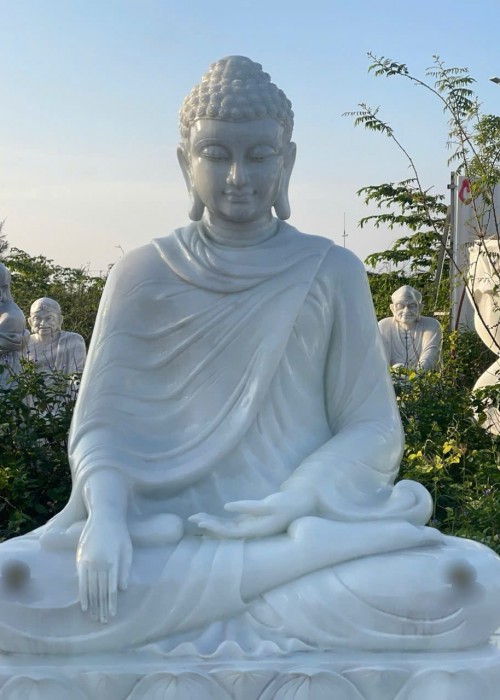 Tượng phật thích ca đá trắng cao 1.8m ngang 1.1m dài 80cm T006
