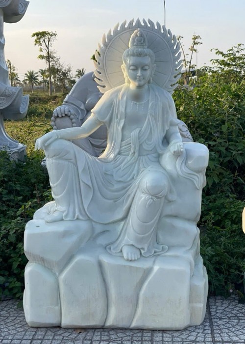 Tượng phật quan âm toạ sơn đá trắng Cao 1.5m - ngang - 90cm - dài 60cm T002