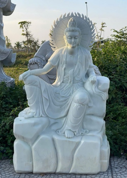 Tượng phật quan âm toạ sơn đá trắng cao 1.6m ngang 90cm dài 60cm T003